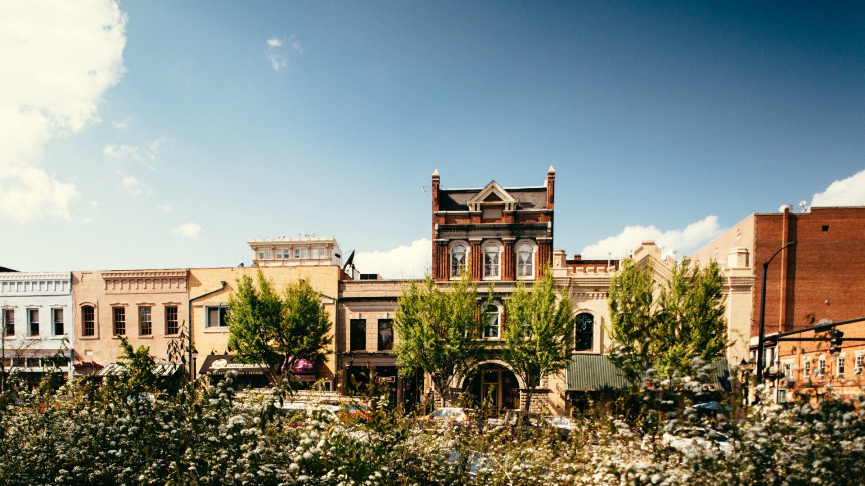 Downtown Athens Georgia with tops of early 20th century buildings in background and spring foliage from University of Georgia's Historic North Campus in the foreground and a blue sky.