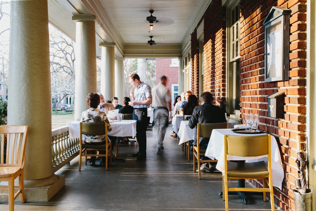 Porch of 5&10 Restaurant in Athens, in an historic 1920s-era building with Doric columns.